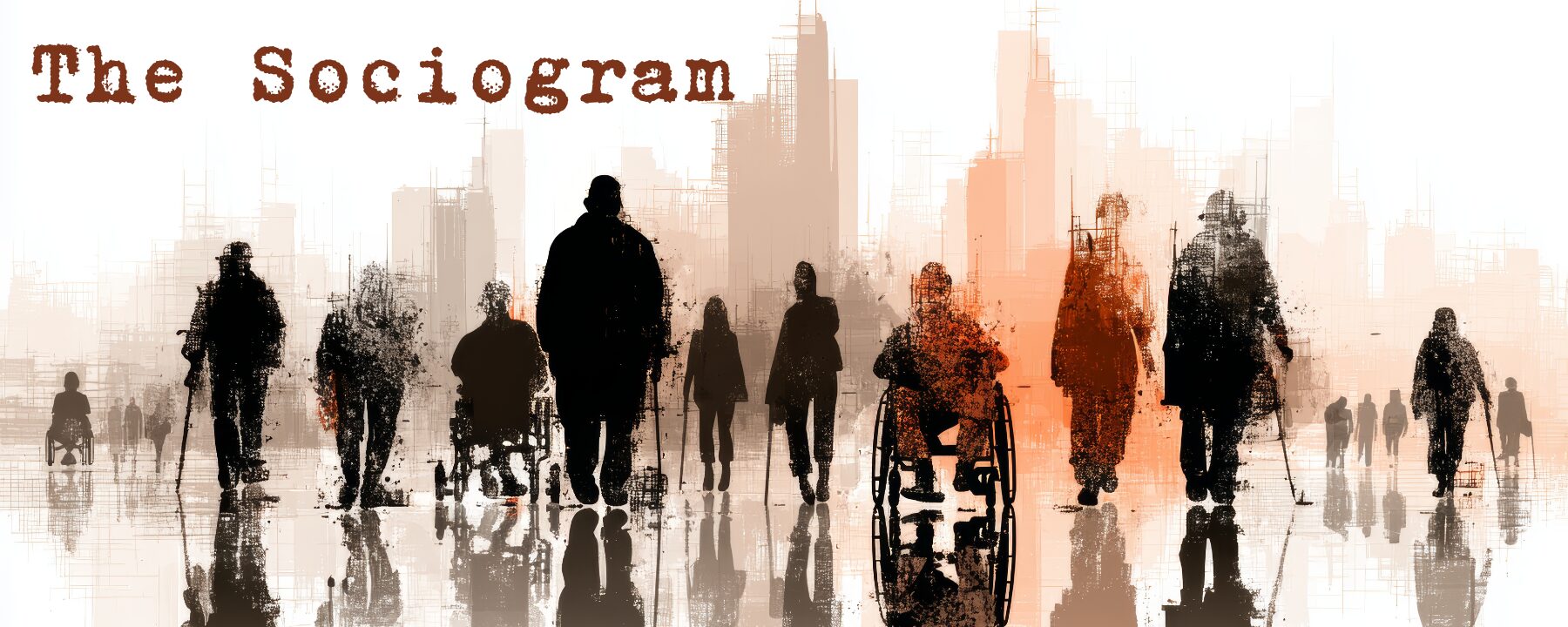 A wide, cinematic banner titled "The Sociogram" in a distressed, typewriter-style font. The image features a stylized, high-contrast digital illustration of a diverse group of people walking or moving forward across a reflective surface. The figures are rendered in a grainy, "glitch art" aesthetic using dark silhouettes and sepia-toned speckles.